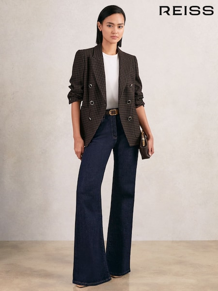 Reiss Brown Check Ayla Petite Wool-Blend Double-Breasted Check Blazer (H52153) | AED2,146