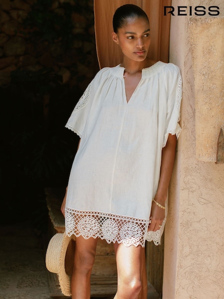 Reiss Ivory Carina Linen Embroidered Shift Dress (H52177) | €330