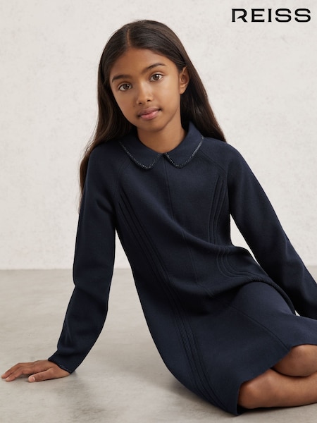Reiss Navy Zadie Embellished Collar Knitted Dress (H52183) | €113