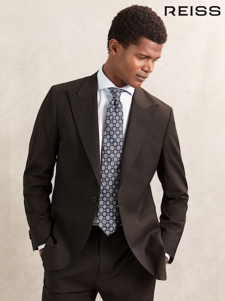 Reiss Chocolate Brown Oscar Regular-Fit Single-Breasted Wool-Blend Suit Blazer (H52252) | AED2,520
