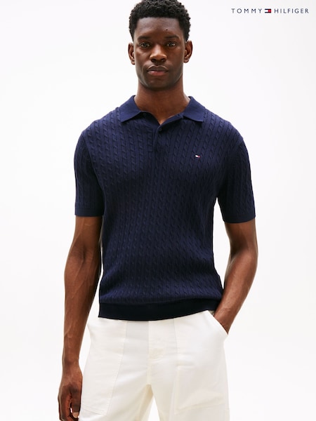 Tommy Hilfiger Blue Regular Fit Cable Knit Polo Shirt (H52301) | €172