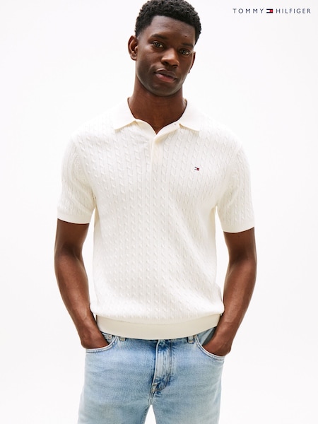 كريم - Tommy Hilfiger Regular Fit Cable Knit Polo Shirt (H52326) | ‏757 د.إ.‏