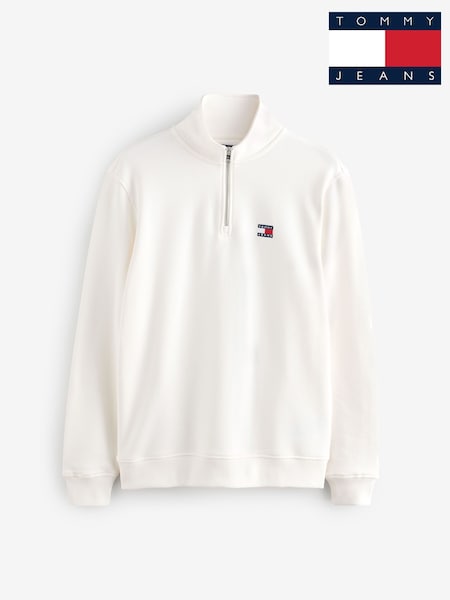 Tommy Jeans White Regular Fit Quarter Zip Badge Jumper (H52386) | €102