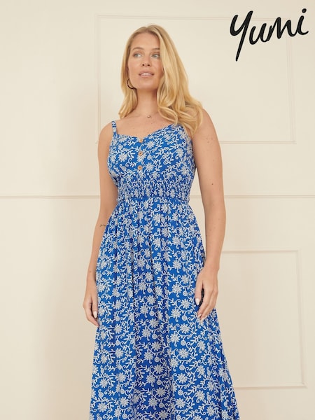 Yumi Blue Block Print Midi Sun Dress With Button Details (H52470) | €63