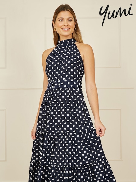 Yumi Blue Spot Print Halter Midi Dress With Matching Belt (H52476) | €83