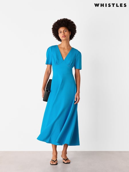 Whistles Blue Panel Detail V-Neck Maxi Dress (H52483) | €328