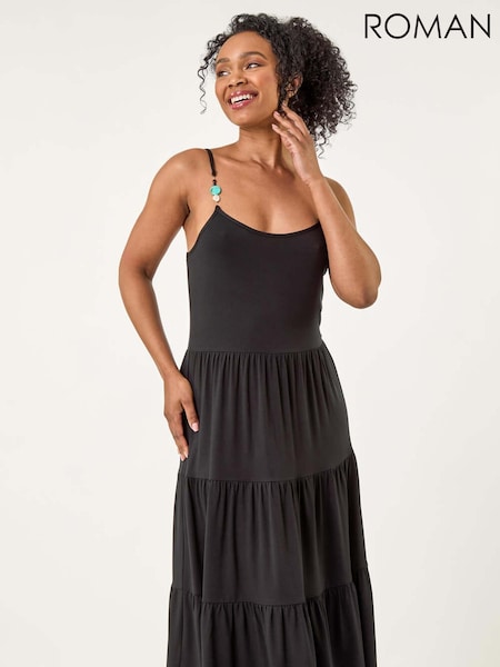 Roman Black Petite Bead Trim Strappy Tiered Dress (H52536) | R$ 580