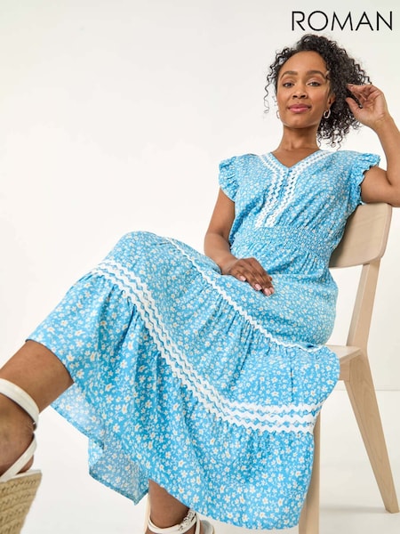 כחול  - Roman Petite Floral Print Ric Rac Midi Dress (H52543) | ‏346‏₪
