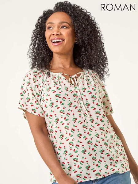 Roman White Petite Cherry Print Lace Trim Blouse (H52559) | €51