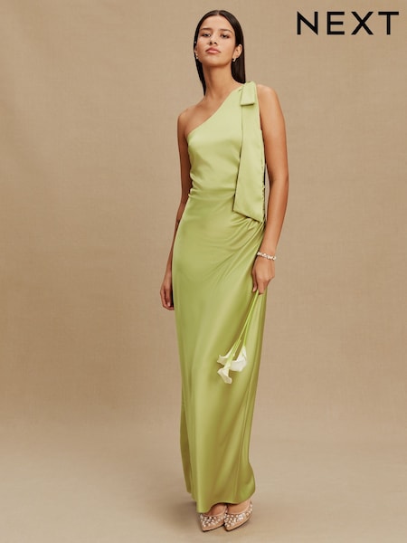 Verde - Bow One Shoulder Maxi Bridesmaid Dress (H52609) | 479 LEI