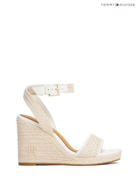 בז' טבעי - Tommy Hilfiger Monogram 100% Linen Rope Wedge Sandals (H52612) | ‏503‏₪