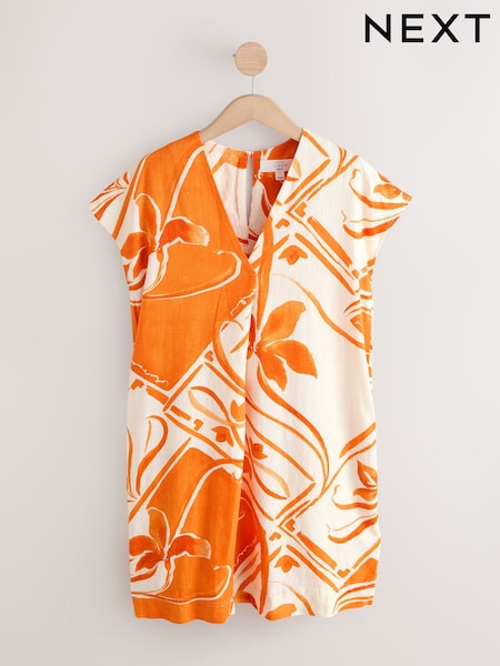 Orange Tile Print Short Sleeve V-Neck Kaftan Mini Dress with Linen (H52625) | €32