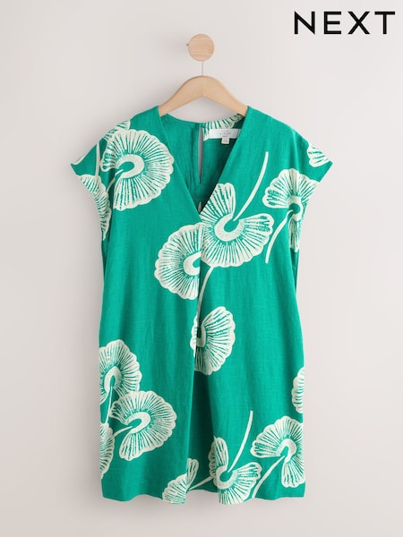 أخضر زهور - Short Sleeve V-Neck Kaftan Mini Dress with Linen (H52626) | ‏146 ر.ق.