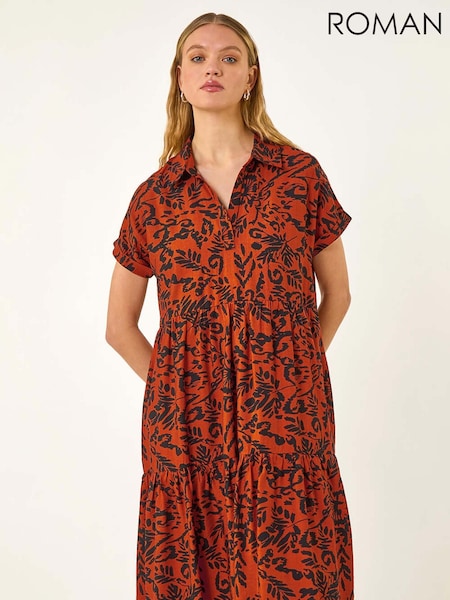 Roman Red Leaf Print Collared Smock Dress (H52641) | €69