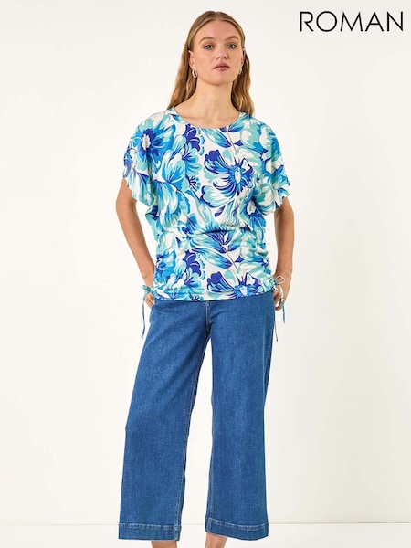 Roman Blue Abstract Ruched Side Stretch Blouse (H52653) | R$ 435