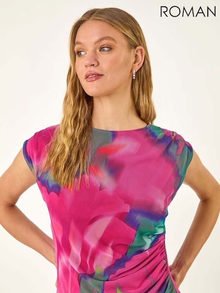 Roman Pink Floral Print Ruched Mesh Blouse (H52657) | €45