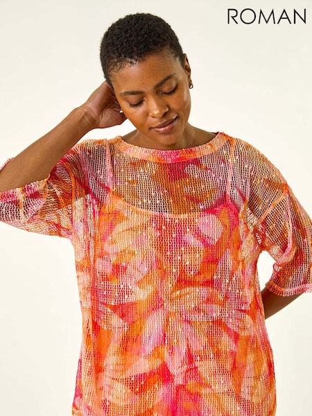 Roman Orange Floral Print Mesh Overlay Tunic Top (H52665) | R$ 510