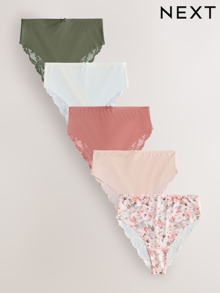 Sage Green High Rise High Leg No VPL Lace Back Briefs 5 Pack (H52833) | €36