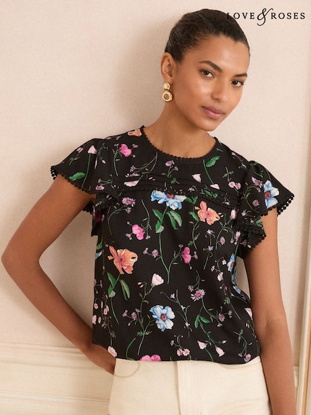 Negru cu flori - bluză fără mâneci largi cu mânecă scurtă Love & Roses cu imprimeu (H53049) | 268 LEI