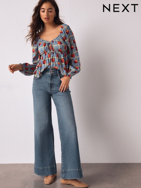Mid Blue - High Rise Stretch Wide Leg Jeans