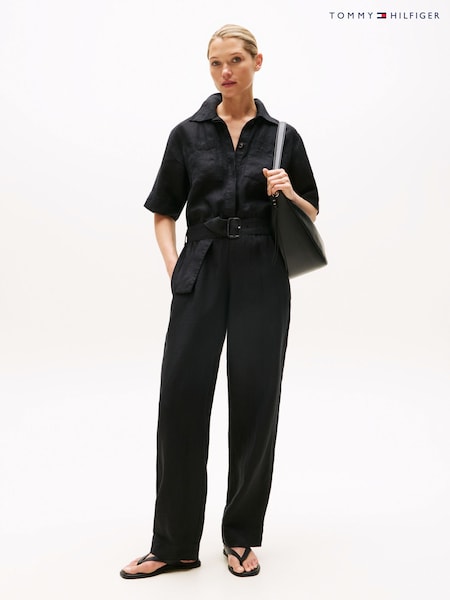 Tommy Hilfiger Black Linen Blend Belted Short Sleeve Jumpsuit (H53122) | €294