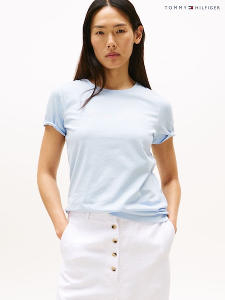 Tommy Hilfiger Blue Logo Embroidery Crew Neck T-Shirt (H53129) | 198 QAR