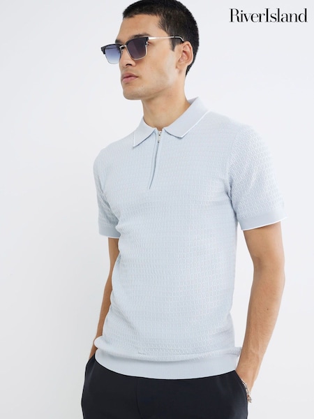 River Island Blue Muscle Fit Textured Tipped Polo Shirt (H53144) | R$ 295