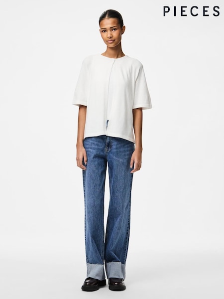 PIECES White Short Sleeve Round Neck Knitted Cardigan (H53155) | 129 QAR