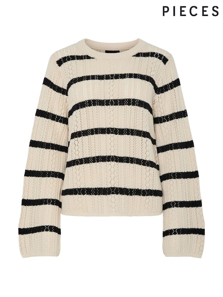 PIECES Cream Long Sleeve Round Neck Crochet Top (H53157) | R$ 355