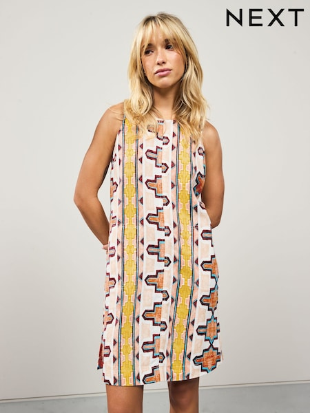 Cream Geometric Print Scoop Back Mini Shift Dress With Linen (H53186) | R$ 280
