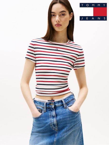 Tommy Jeans White Slim Ribbed Round Neck T-Shirt (H53315) | R$ 295