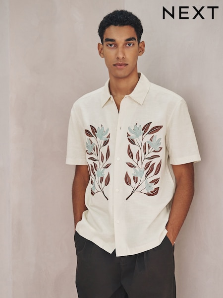 Neutral N.Premium Linen Tencel Blend Floral Print Short Sleeve Shirt (H53343) | AED166