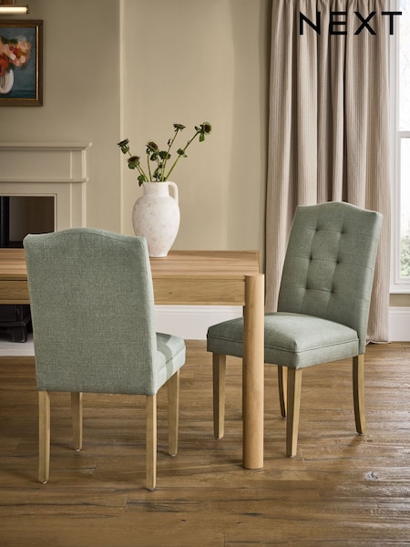 Set of 2 Soft Linen Look Green Malvern Button Light Wood Leg Dining Chairs (H53446) | €305