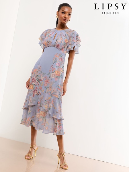Lipsy Lilac Floral Printed Ruffle Underbust Midi Dress (H53458) | €111