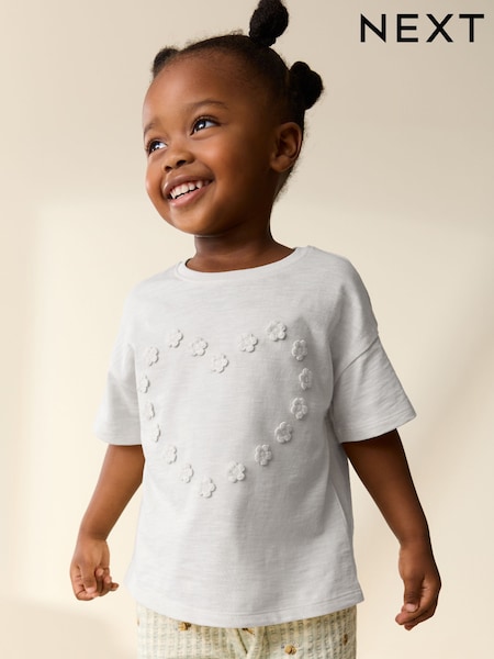 Ecru White Short Sleeve Heart Embroidered Top (3mths-7yrs) (H53691) | AED20 - AED30