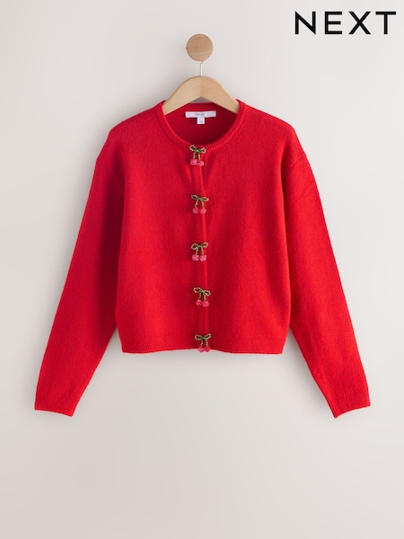 Red Cherry Buttons Crew Neck Knitted Cardigan (H53756) | 180 QAR