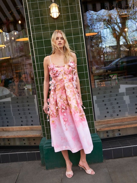 River Island Pink Premium 3D Floral Print Midi Dress (H53839) | €143