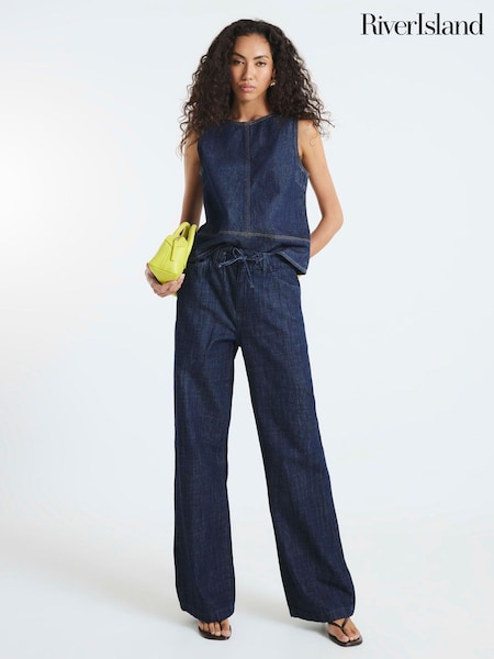 River Island Blue Dark Wide Leg Tie Front Jeans (H53843) | €64