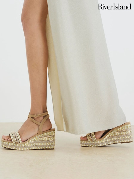 River Island Cream Raffia Embellished Wedge Sandals (H53848) | R$ 535