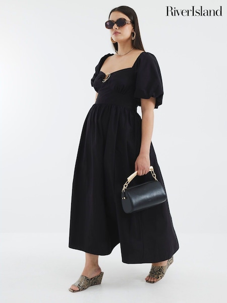 River Island Black Dark Poplin Trim Detail 100% Cotton Midi Dress (H53851) | € 75