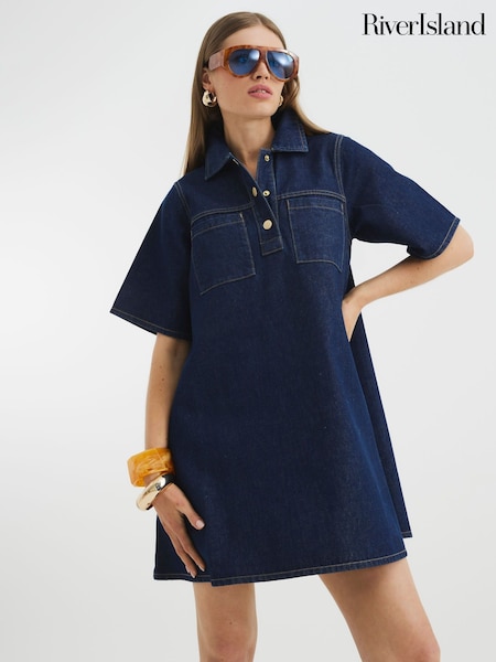 River Island Blue Denim Collar 100% Cotton Shirt Dress (H53860) | €74