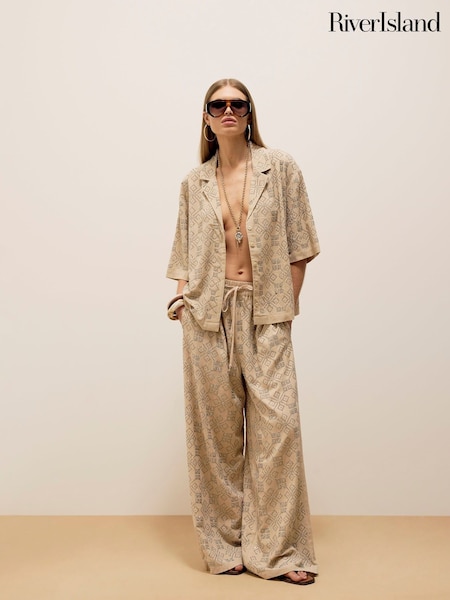 River Island Natural Stud Embellished 100% Cotton Trousers (H53864) | AED379