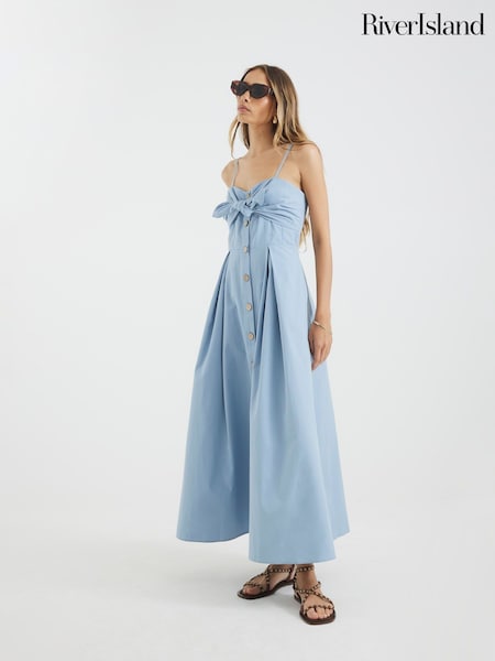 River Island Blue Bow Button Up 100% Cotton Midi Dress (H53869) | €84