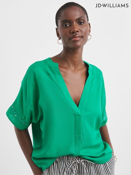 JD Williams Green Crochet Trim Linen Popover Top (H54128) | €40