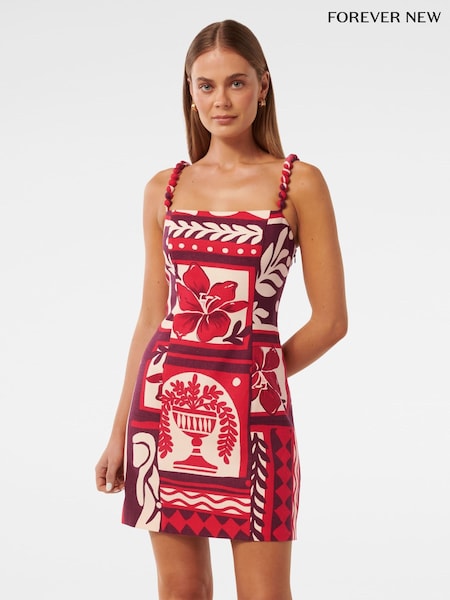 Forever New Red Linen Blend Sasha Strappy Printed Mini Dress (H54130) | €114