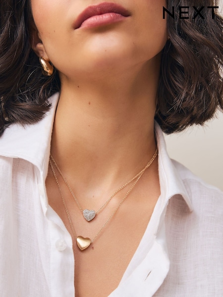 Gold Tone Two Row Pavé Heart Necklace (H54229) | €22