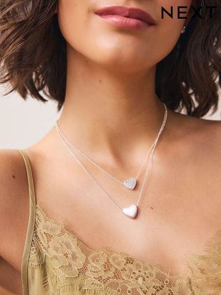 Silver Tone Two Row Pavé Heart Necklace (H54230) | €22
