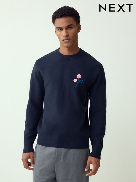 Navy Blue Relaxed Fit Floral Graphic Print Crew Neck Jumper (H54234) | R$ 385