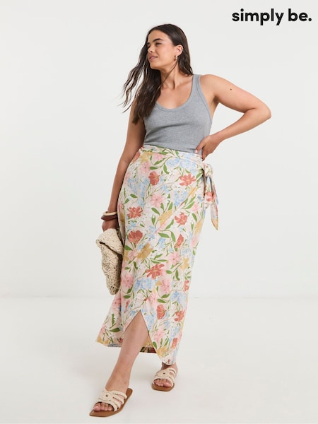 Simply Be Pink Printed Linen Blend Wrap Midaxi Skirt (H54277) | €48
