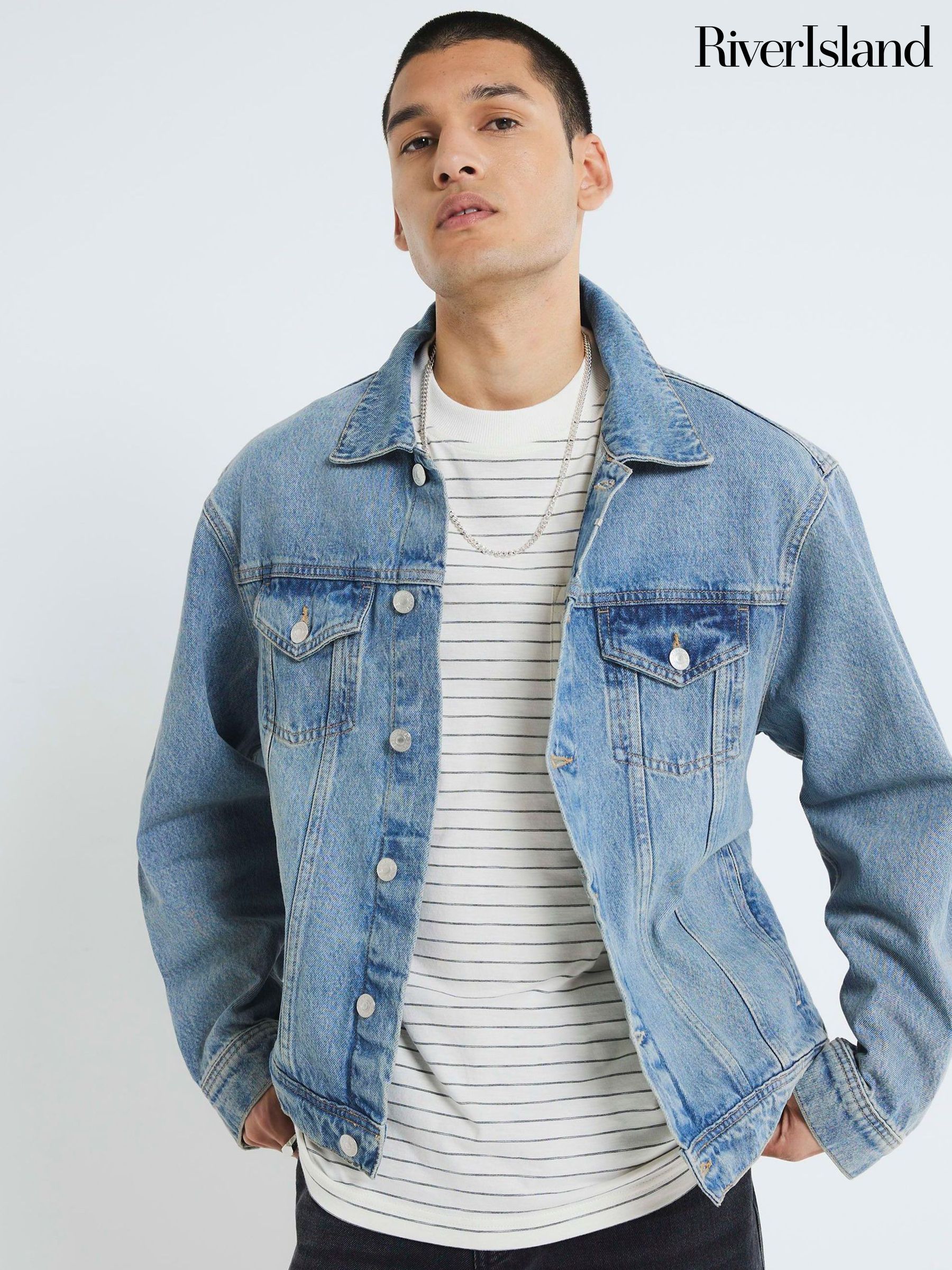 HUECLOSET SAND‐WASHED TRUNKS DENIM JACKET 4BTR1099 Dark Rinse Denim Trucker Jacket